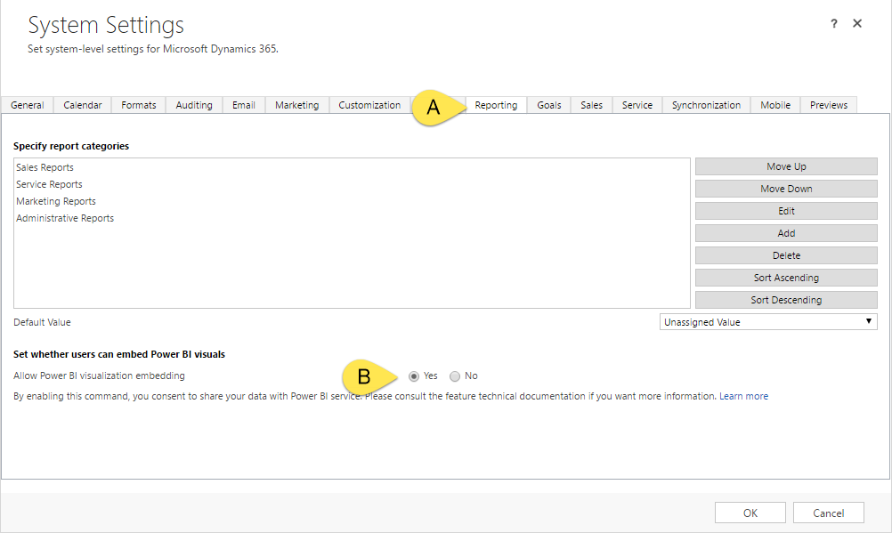 image shows System Settings window  in CRM for Dynamics 365. The image shows that clicking the "Reporting" tab and setting the option "Allow Power BI visualization embedding"  to Yes enables power bi dashboards in crm.
