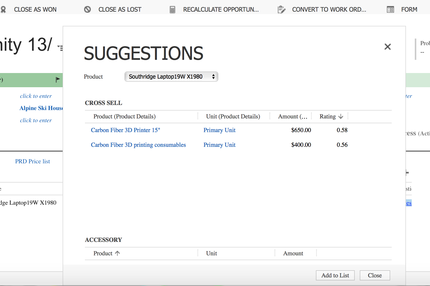 screenshot of the "suggestions" screen in dynamics crm providing product recommendations.